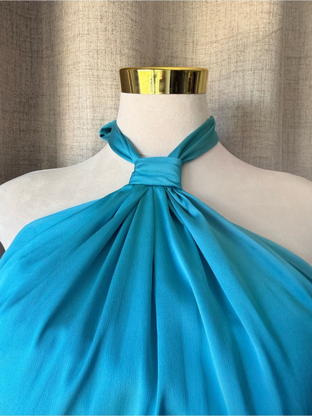 WHBM White House Black Market Turquoise Halter Tie Neck Blouse Size 12 - Picture 3 of 6